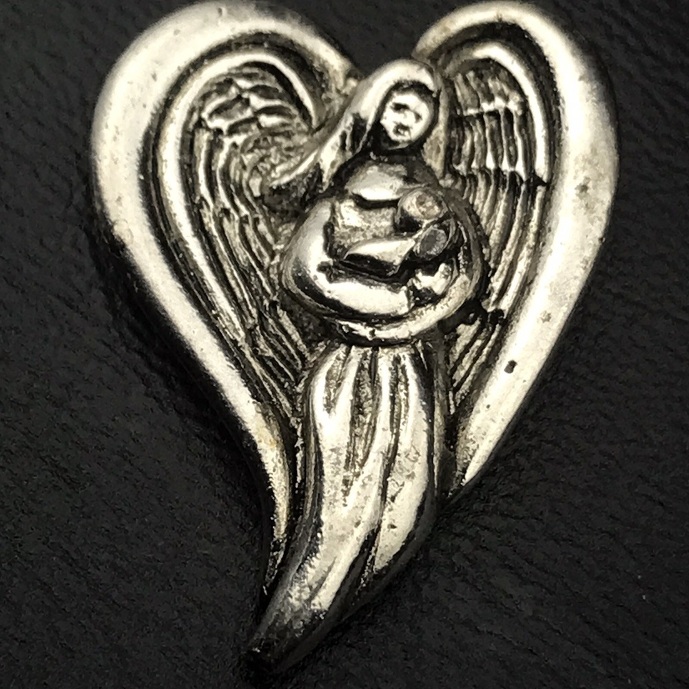 CAMCO Pin Vintage Heart Shape Silver Tone Angel Holding Baby Symbolic Memorial